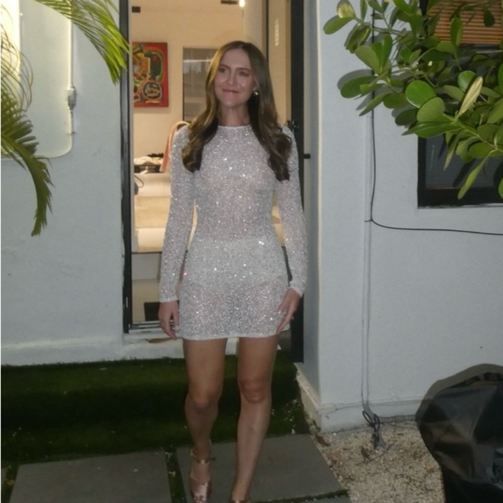 Retrofete Sparkling Long-Sleeve Mini Dress in Ivory